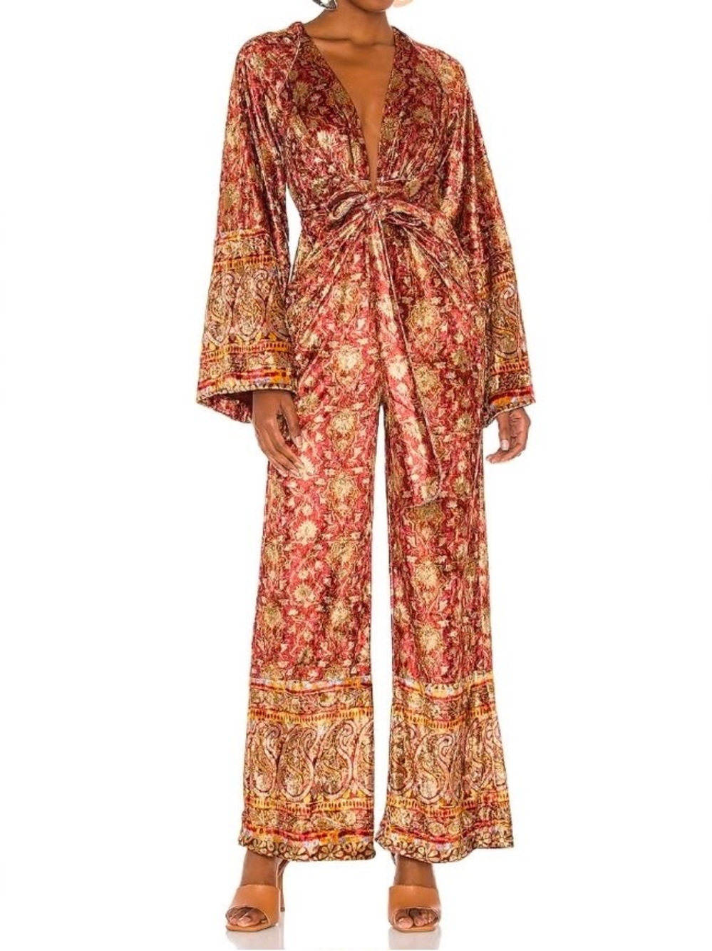 Free People Harper Velvet Bell Sleeve Jumpsuit in Sangria Size S